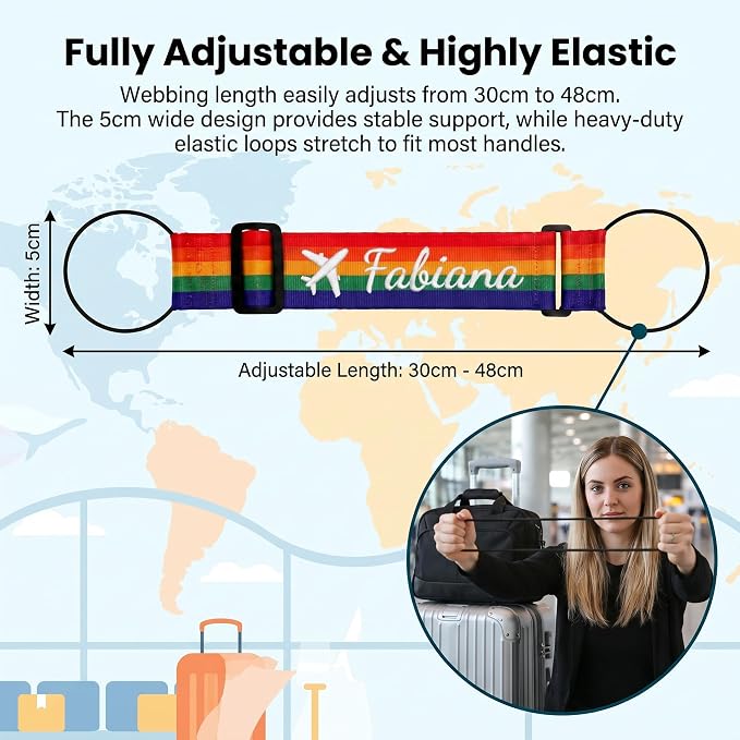Personalized Luggage Connector Strap with Embroidered Name,4 Pcs Adjustable Elastic Add A Bag Belt for Suitcases and Carry Ons, Easy Travel Baggage Identifier