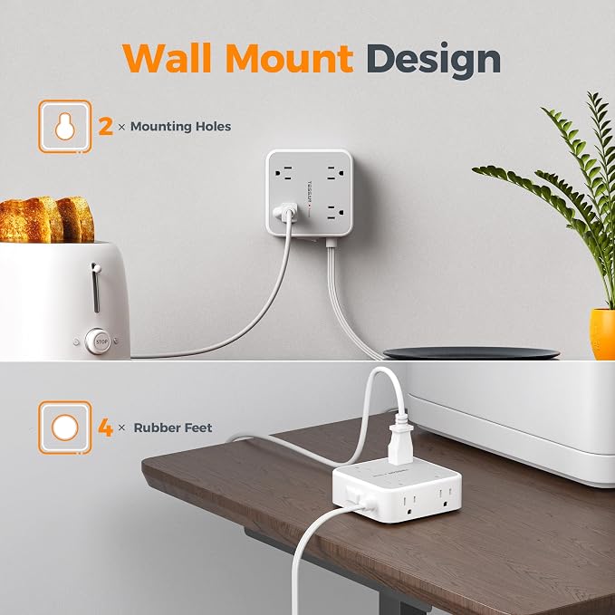 TESSAN Surge Protector Power Strip, 25 Ft Flat Plug Extension Cord with 3 USB (1 USB C 20W PD) 8 Outlets, 1250W, 900J Protection, 3 Sided Outlet Extender with Power Switch for Office, Dorm Room, Grey