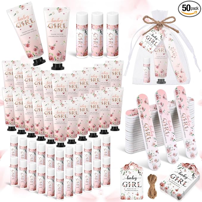 Leelosp 50 Sets Baby Shower Favors for Guests Baby Shower Hand Cream and Lip Balm Bulk Gift Set Thank You Gift Travel Size Hand Lotion Lip Balm with Nail File Party Favors