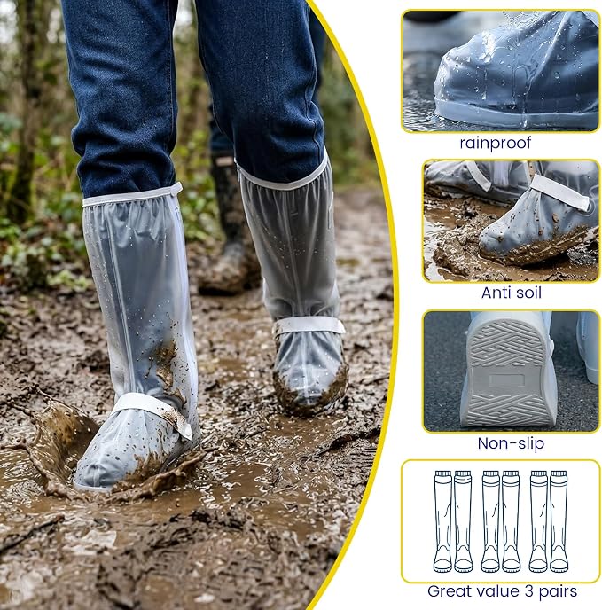 3Pair Reusable Waterproof Shoe Covers for Rain, Reflector Non-Slip Galoshes Overshoes for Women and Men, Durable Shoe Covers Waterproof for Mud, Cycling and Outdoor Travel (White, X-Large)