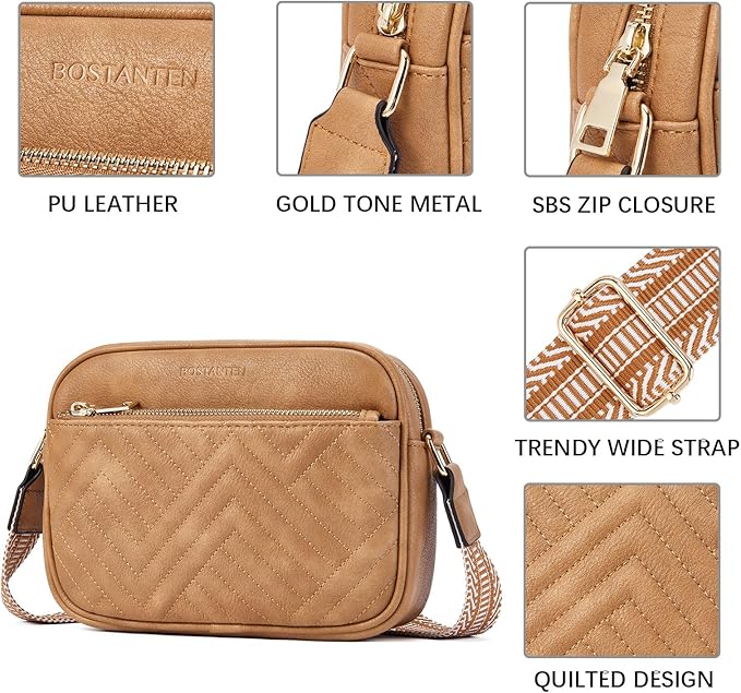 BOSTANTEN Quilted Crossbody Bags for Women Vegan Leather Purses Shoulder Handbags with Wide Strap