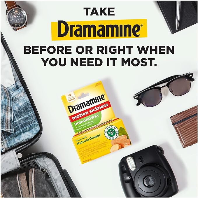 Dramamine Non-Drowsy, Motion Sickness Relief, Made with Natural Ginger, 18 Count & Motion Sickness Relief Less Drowsey Formula, 8 Count