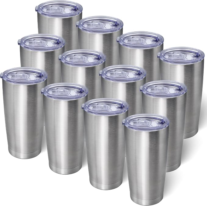 AIANJI 20oz Tumbler Bulk Stainless Steel Tumblers with Lid Vacuum Insulated Double Wall Travel Coffee Mug Powder Coated Tumbler Cup for Hot and Cold Drinks(Stainless Steel, 12 pack)