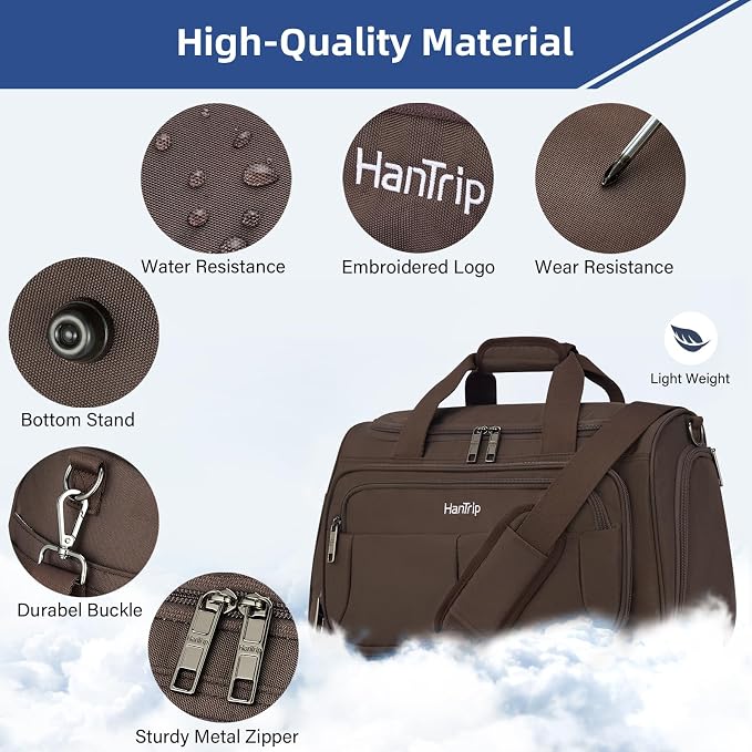 HanTrip Carry on Duffel Bag Foldable Duffle Bags for Travel, Under Seat Personal Item Bags for Airplanes, Weekender Overnight Mens Travel Tote Bag for Women Small Softside Carry on Luggage (Coffee)