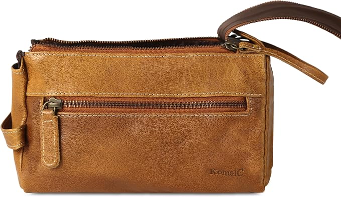 KomalC Premium Buffalo Leather Toiletry Bag for Men & Women With Water resistant Lining, Grooming Travel Pouch, Unisex Wash Bag for Toiletries, Gifts for Men and Women