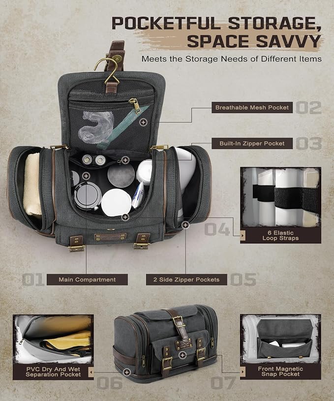ARCFOX Travel Hanging Toiletry Bag for Men, Vintage Canvas Large Toiletry Bag with 7 Compartments, Camping Gym Travel Toiletry Kit Organizer with PVC Wet & Dry Pockets, Personalized Wash Bag, Black