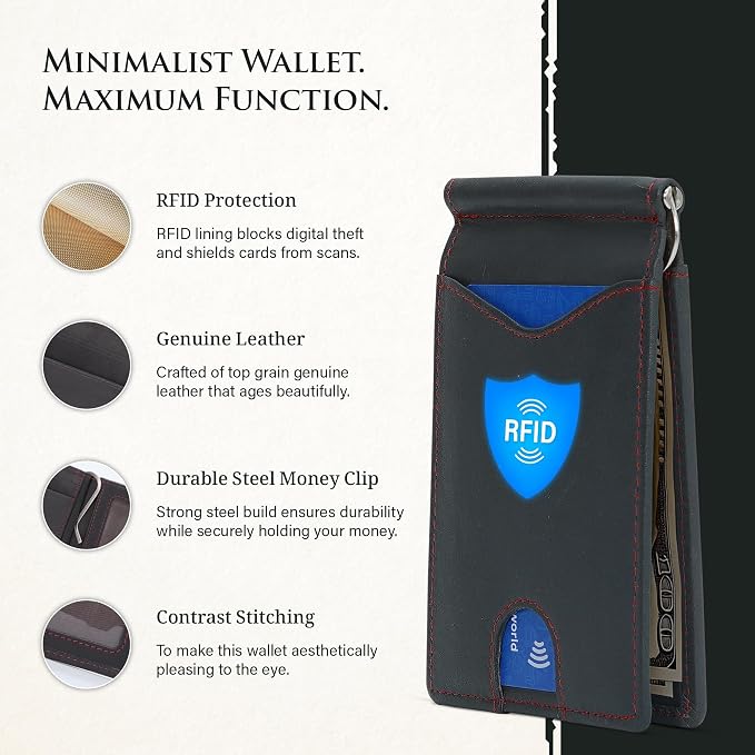 ROGUE WALLET Genuine Leather Minimalist Wallets - RFID Blocking with Money Clip - Interior & Exterior Card Pockets & More - Gift for Men (Gray)