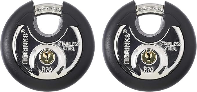BRINKS Heavy Duty Padlock with Key - 70mm Discus-Shaped Keyed Lock for Storage Shed, Garage, Storage Lockers, Sliding Doors, Tool Box, and Cabinets, 2 Pack