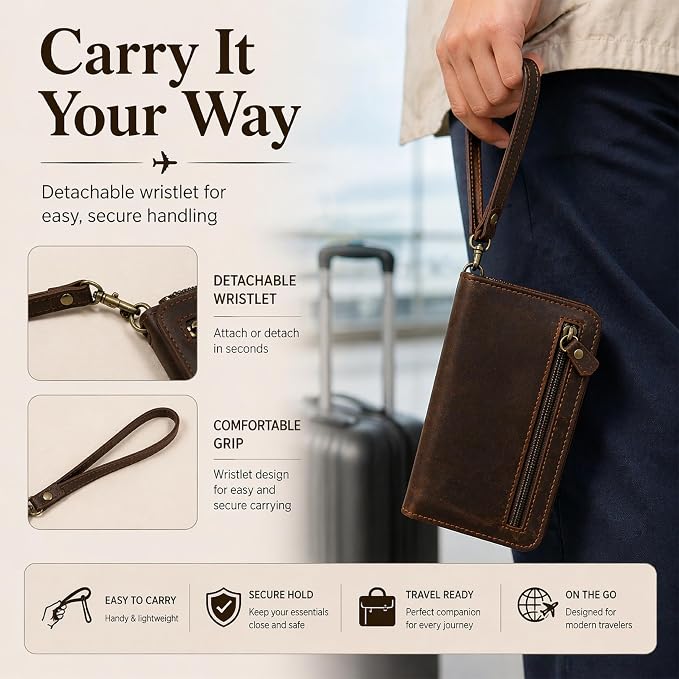 Brown Leather Family Passport Holder - Travel Document Organizer Wallet with Card Slots ID Window Zipper Closure for Multi Passport Storage Travel Use, 5 x 9
