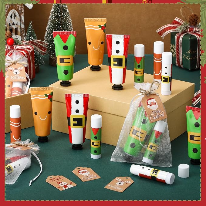 50 Sets Christmas Hand Cream and Lip Balm Bulk Gifts, Cute Elf Christmas Stocking Stuffers Party Favors for Women Teachers Coworkers, Mini Holiday Hand Lotion Lip Care with Gift Bags Tags