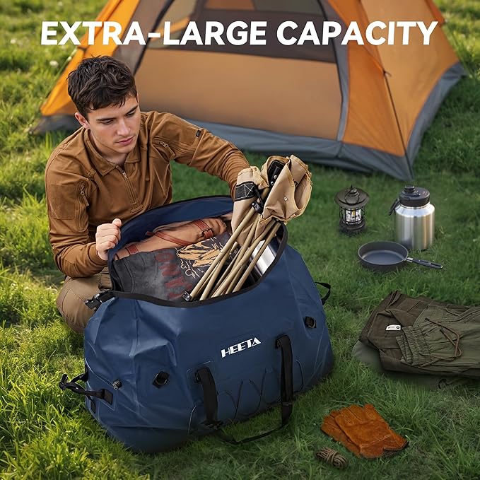HEETA Waterproof Duffel Bag Motorcycle Dry Bag Backpack, 60L/80L Extra Large Rolltop Travel Duffle Bags with Straps & Handles for Kayaking Rafting Boating Canoeing Camping Gym Beach Cruise Ship