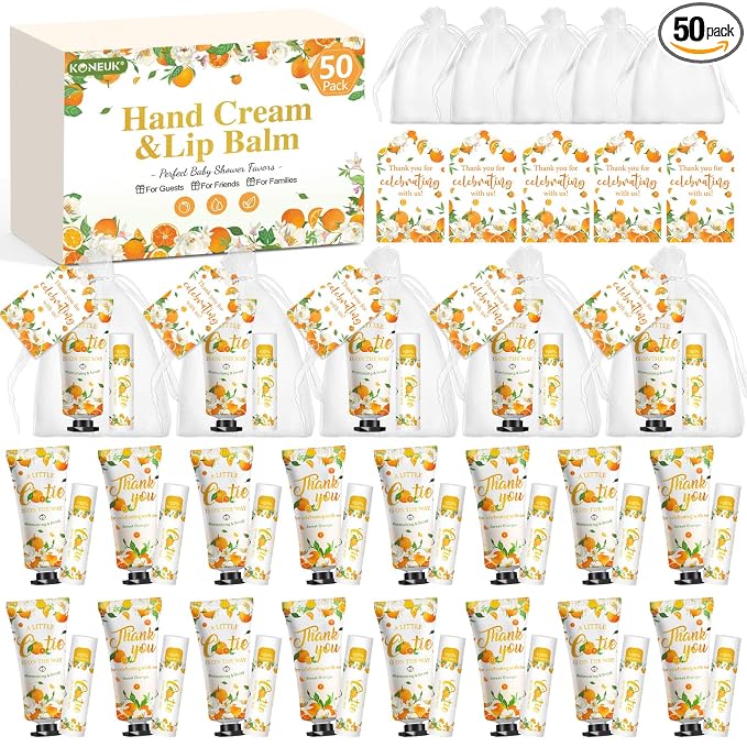 50 Pack Bulk Hand Cream and Bulk Lip Balm Gifts Sets, Bridal Shower Favors and Baby Shower Favors for Guests with Thank You Card and Organza Gift Bags, Appreciation Gifts, Baby Shower Prizes (Orange)
