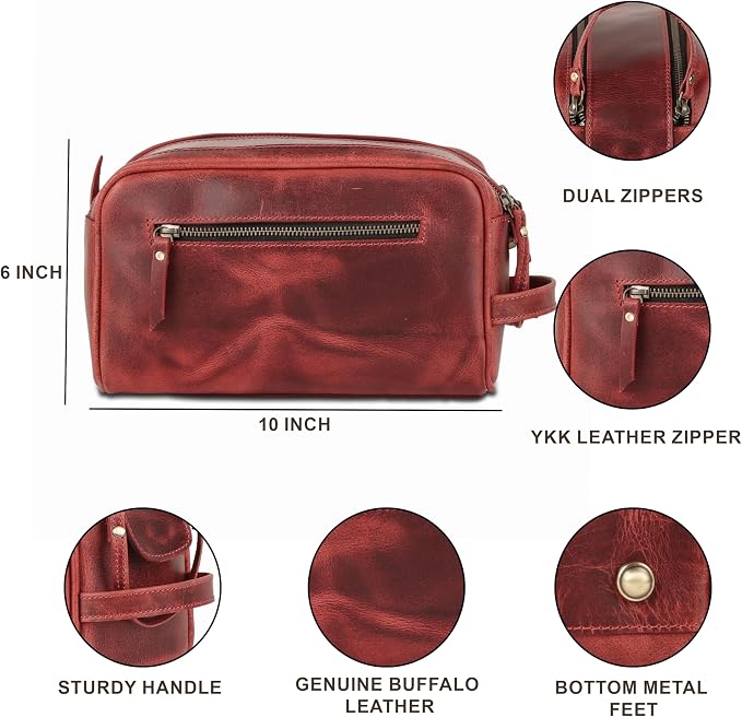 KomalC Leather Toiletry Bag for Men & Women – Handcrafted Travel Grooming Kit with Water-Resistant Lining and Secure Zipper Closure