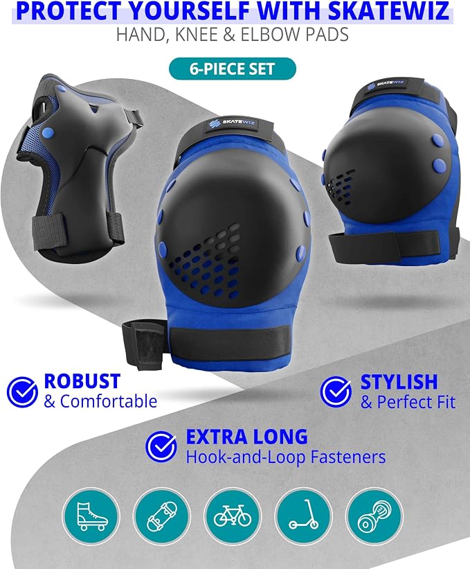 SKATEWIZ Skateboard Pads Protective Gear Set for Kids and Adults - Smash - Roller Skate Pads [6pc] with Wrist Guards - Skating Protective Gear - Roller Derby