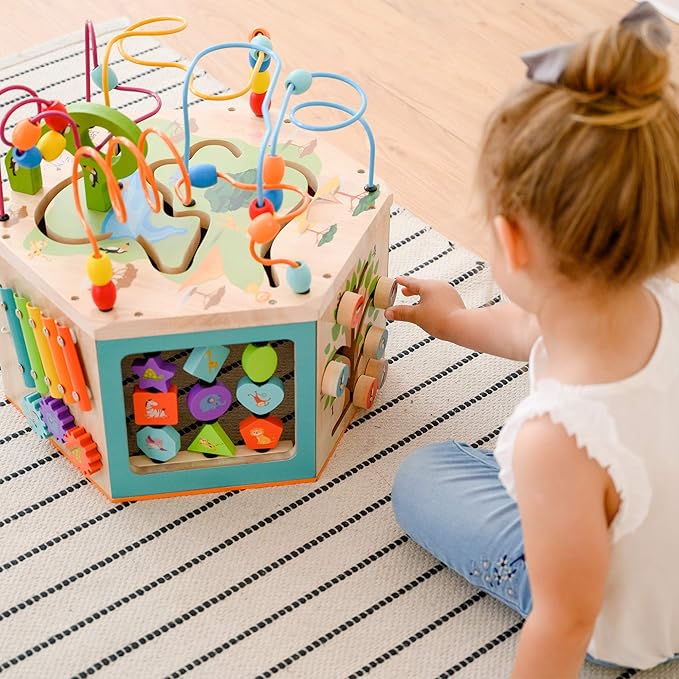 Teamson Kids Preschool Play Lab 7-in-1 Large Wooden Activity Cube Station Center Bead Maze and Counting for Kids Baby Toys, Natural | Large Station Center, Bead Maze, Counting for Kids Baby Toys, Natural