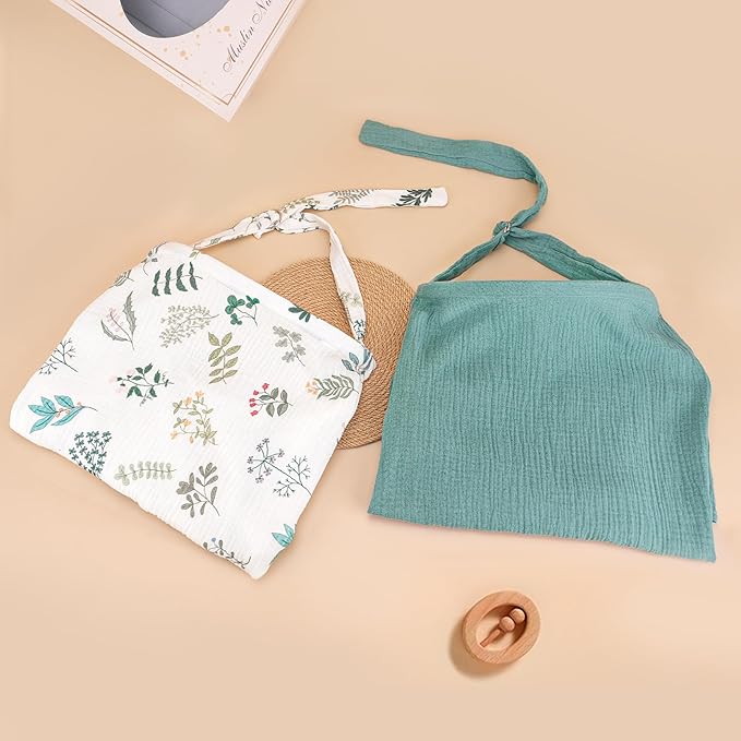 Haleeone Muslin Nursing Cover for Breastfeeding, Privacy Breathable Breastfeeding Cover with Arch Neckline for Mom, 100% Cotton Nursing Apron, Floral and Green