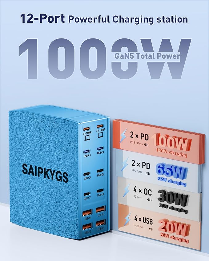 USB Charging Station (1000W),12-Port USB C Charger Block with Dual 100W PD USB-C Fast Charging Station Hub for MacBook Pro/Air/All iPad Phone 17/16 15/14/13/Pro Max/Samsung Galaxy Note(Blue)