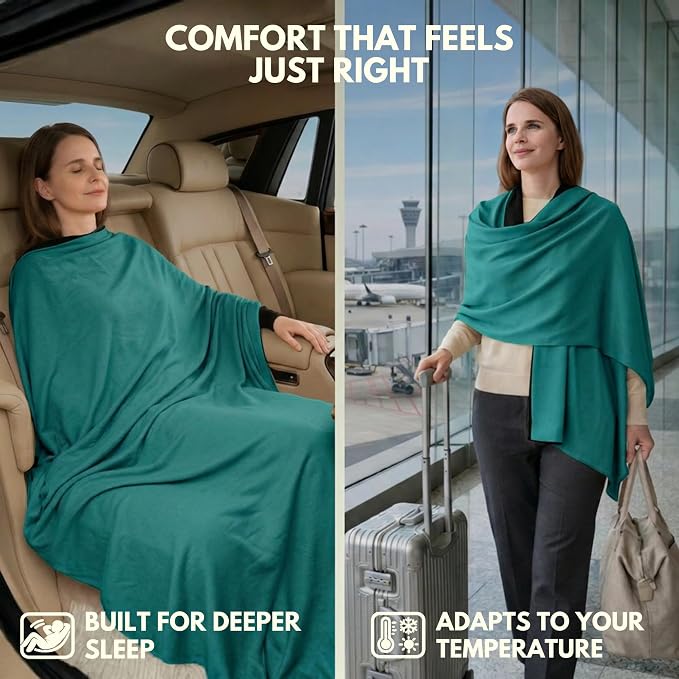 16-in-1 Compact Travel Blanket with Bag – Reversible, Ultra Soft Bamboo Airplane Blanket with Hidden Pocket – Packable for Flights & Travel Essentials (Semi-Weighted, Double Layer)