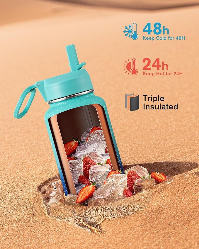 Coolflask Water Bottle 40 oz Insulated with Straw, Stainless Steel Metal 3 Lids Water Flask for Sports or Office, Keep Cold 48H Hot 24H, Glacier Blue
