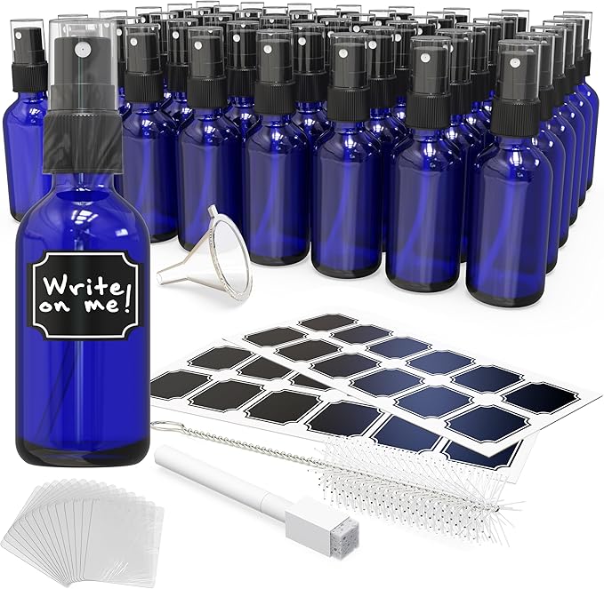 Nevlers Small Spray Bottle 2 Oz 48 Pack Blue Glass Spritzer Bottles | Mini Spray Bottle Mist Set w/ Labels, Marker, Funnel, Brush & Shrink Wrap | 2oz Glass Bottles for Oils, Scents & Travel Use