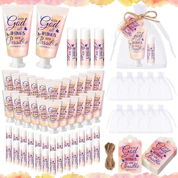48 Sets Christian Graduation Gifts Hand Cream and Lip Balm Bulk Teacher Appreciation Gifts Travel Size for Her Bible Verse Thank You Cards with Organza Bag Tag for Graduation Supplies(Groovy)
