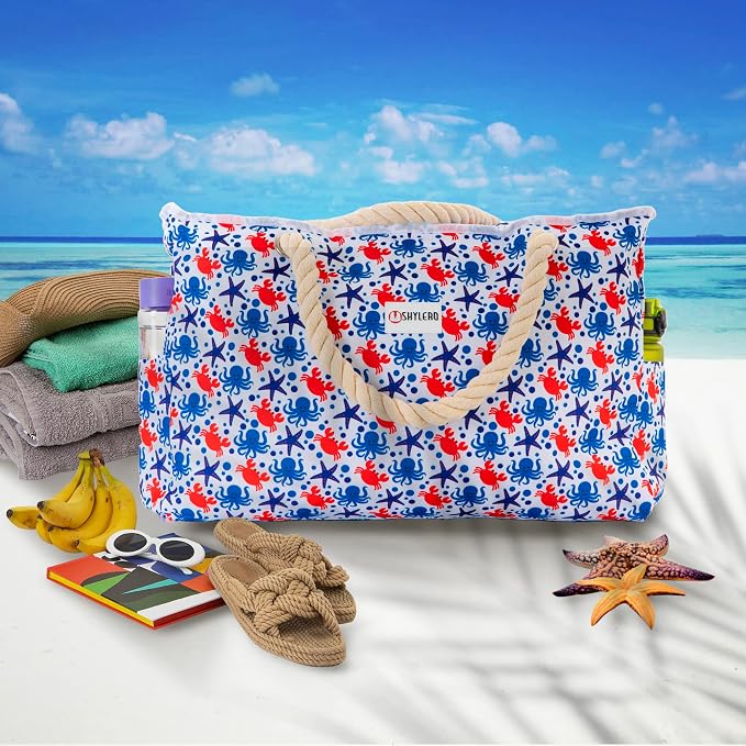 Beach Bag and Pool Bag Has Cooler Pocket, 7 Pockets Total, Zip Top. Family Size Waterproof Beach Tote