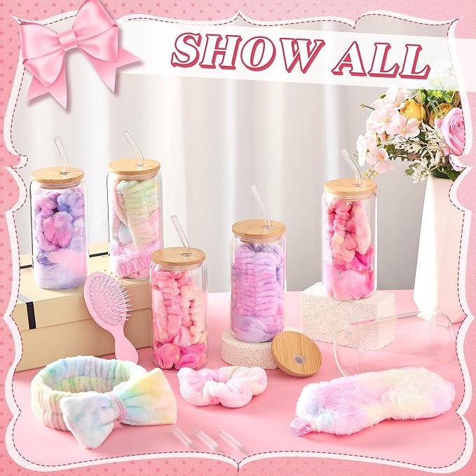 37 Pcs Spa Sleepover Party Supplies for Girls, 6 Set Pink Tie Dye Spa Party Favors, Include Cups, Hairbands, Eye Mask, Headband, Brush, Tote Bags with Ribbon for Sleepover Birthday Favors