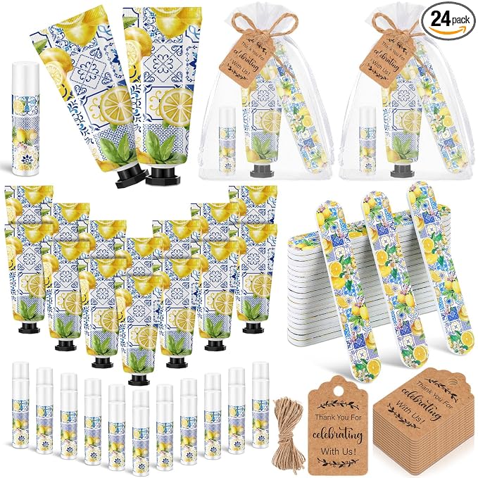 Leelosp 24 Sets Capri Lemon Hand Cream and Lip Balm Nail File Gift Bulk Summer Lemon Party Favors Wedding Favor for Guest Travel Size Hand Lotion Lip Balm Gifts Set Bridal Baby Shower Birthday