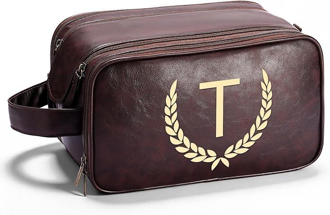 OXYEFEI Personalized Gifts for Men, Personalized Large Toiletry Bag for Men,Custom PU Leather Waterproof Mens Toiletry Travel with Initial Essential Dopp Kit Shaving Bag (T, Tea Brown)
