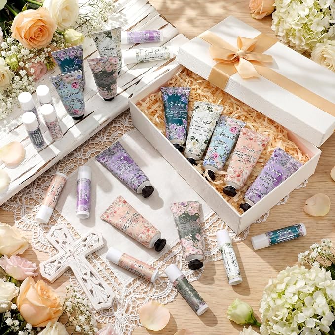 Loopeer 12 Sets Graduation Christian Hand Cream and Lip Balm Gift Set Christian Gift Bulk for Women Mothers Day Gifts for Church Travel Size Hand Lotion Bible Verse Lip Balm Bulk for Bridal Mom