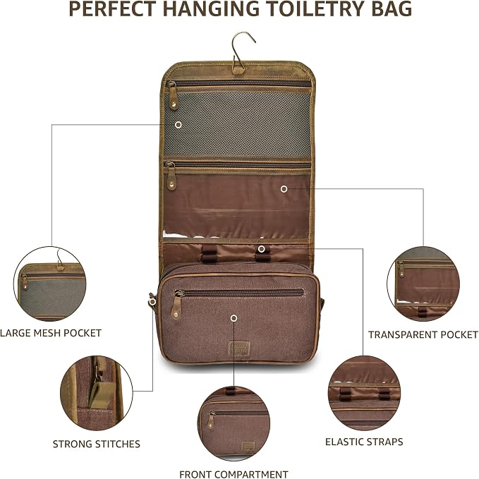 LEATHER VILLAGE Hanging Genuine Leather Toiletry Bag for Men & Women with Waterproof Lining – Handcrafted Vintage Travel Dopp Kit, Shaving Organizer & Shower Bathroom Essentials Case - Mud