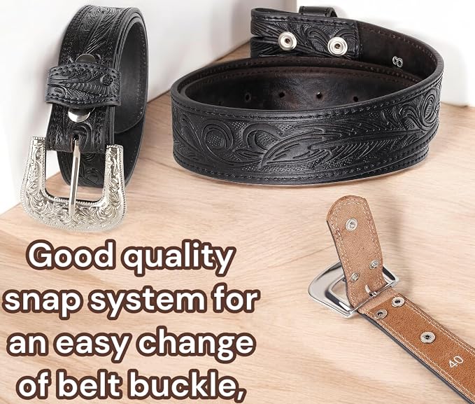 F&L CLASSIC mens Western full grain Leather belt Strap w/Snaps for Interchangeable Buckles, USA,