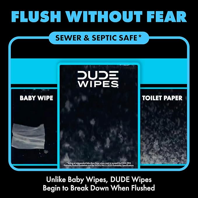 DUDE Wipes Unscented Flushable Wipes - Extra-Large Adult Wet Wipes for Sensitive Skin - 1 Pack (48 Count), Travel Pack - Infused with Vitamin E and Aloe - Septic and Sewer Safe