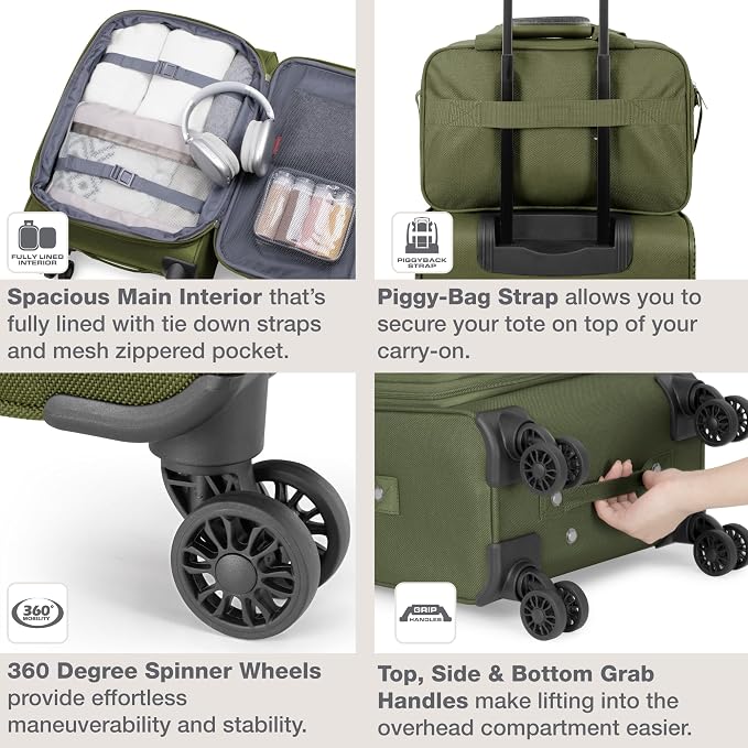 U.S. Traveler Rio Lightweight Softside Rolling Carry-on Suitcase, 4-Wheel Set, Green