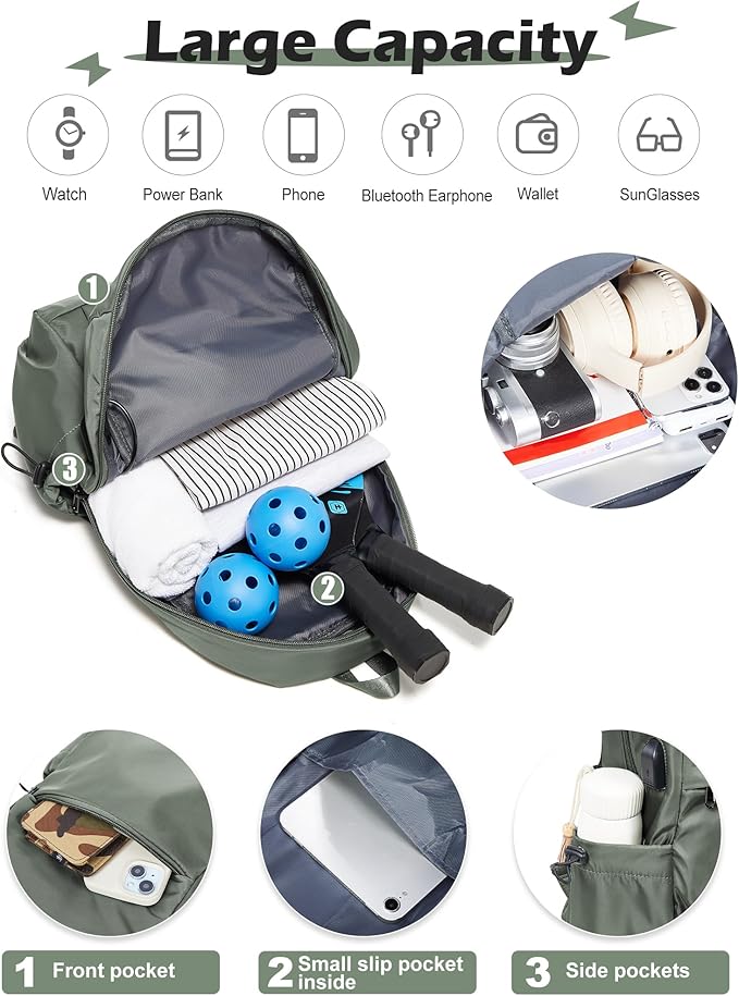 SEAFEW Green Latge Pickleball Sling Bag for Men and Women, Lightweight Pickleball Crossbody Backpack with Skin-Soft Fabric & Water Bottle Holder,
