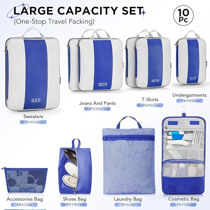 10 Set Compression Packing Cubes for Travel Essentials,Compressible Expandable Packing Cubes for Suitcase,OlarHike Luggage Garment Bags for Travel,Handy Helper for Organizing Clothes(Klein Blue)