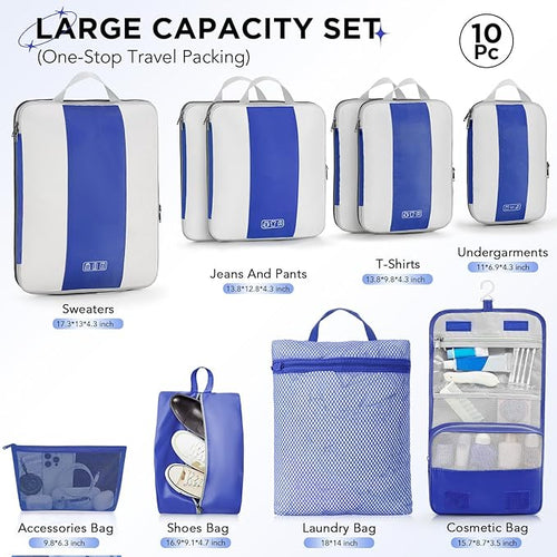 10 Set Compression Packing Cubes for Travel Essentials,Compressible Expandable Packing Cubes for Suitcase,OlarHike Luggage Garment Bags for Travel,Handy Helper for Organizing Clothes(Klein Blue)