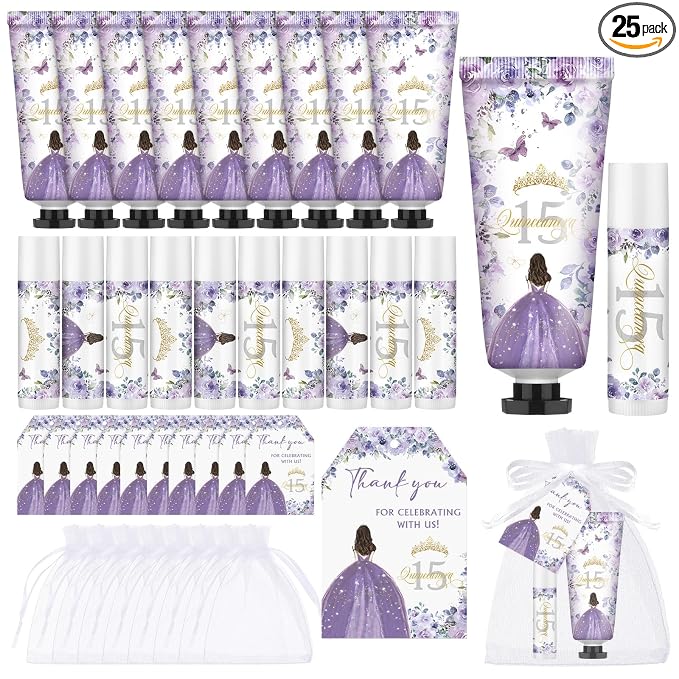 Leelosp 25 Set/100 Pcs Quinceanera Party Favor for Guest with Travel Size Hand Cream, Lip Balm, Card, Organza Bags Quinceanera Gift Set Sweet 15th Party Supply Birthday Souvenir(Purple)