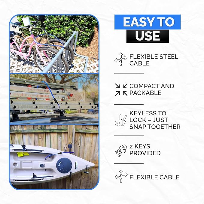 DocksLocks Weatherproof Security Cable Lock with Keys (5ft to 25ft Lengths) Anti-Theft for Kayak, Bike, Paddleboard, Scooter, Equipment, Bicycle