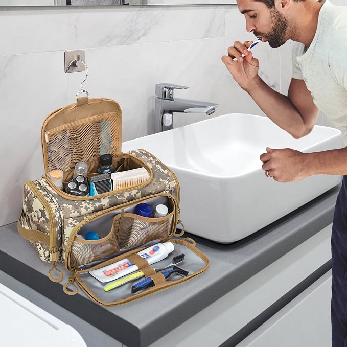 Tactical Toiletry Bag for Men, Hanging Hygiene Bag, Travel Dopp Kit Organizer for Shaving, Shower Essentials and Toiletries, Desert Yellow (Empty Bag)
