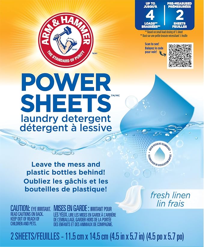 Arm & Hammer Fresh Linen Laundry detergent Sheets, Case of 115, travel pack