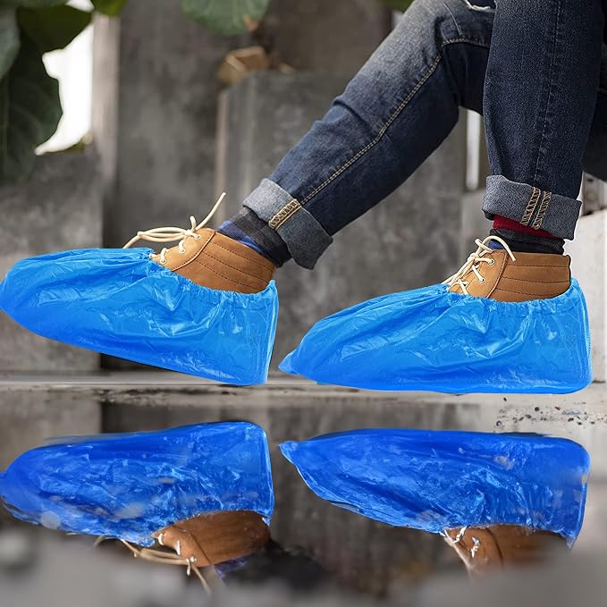 EZGOODZ Blue Disposable Shoe Covers for Indoors/Outdoors, 16 x 6 Inch. Pack of 100 (50 Pairs) Waterproof Disposable Boot Covers. Thick CPE Booties to Cover Shoes with Elastic Ankle Band