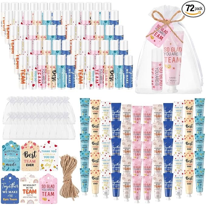 72set/288pcs Best Team Ever Gifts Team Appreciation Thank You Gifts for Coworkers Women Employee Appreciation Gift Party Favors Basket Stuffers Items Travel Hand Lotion and Lip Balm Set