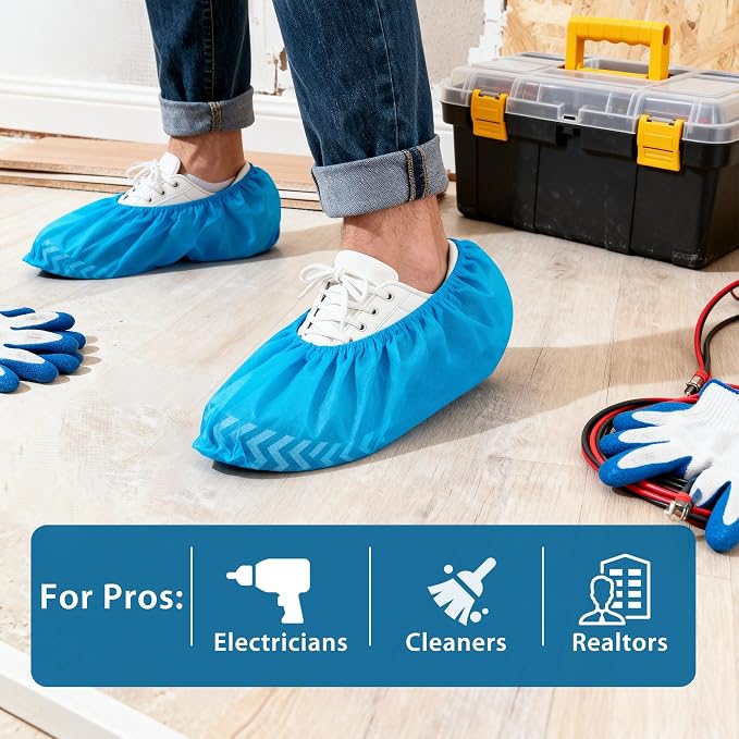 X-Large Shoe Covers Disposable [200-Pack] - Blue Non-Woven Fabric Disposable Shoe Covers for Indoors, Fits Men's Size 13 | Durable, Slip-Resistant Boot Covers | Protect Floors, Shoes & Booties