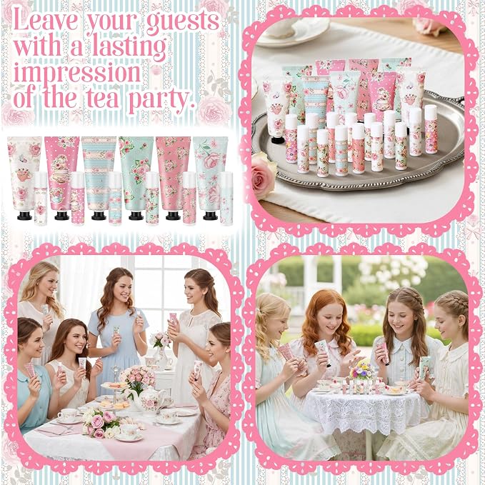 24 Sets Tea Party Favors Mini Hand Cream Lip Balm Bulk Gift Set for Women Wedding Party Favors for Guests Travel Size Hand Lotion Vintage Floral Moisturizing Lip Balm Gifts for Baby Shower