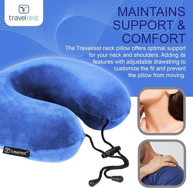 travelrest Neck Pillow Travel Essential - Memory Foam, Washable Micro-Fiber Cover Pillow, Soft and Comfortable Head Support for Long Flights, Compact, Attaches to Luggage, Airplanes, Cars, Bus - Blue