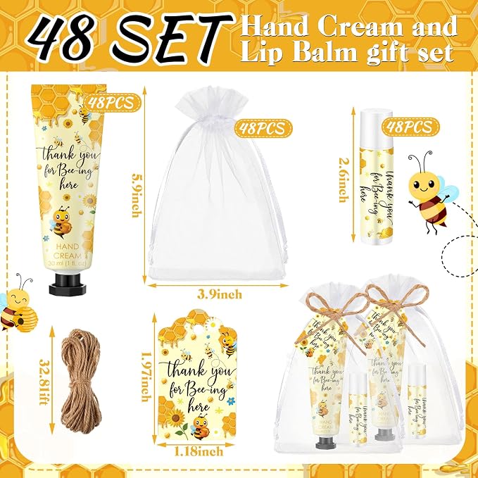 48 Set/192 Pcs Bee Theme Baby Shower Favors for Guests a Little Honey Hand Cream and Lip Balm Sweet as Can Bee Theme Baby Shower Gifts Thank You for Beeing Here Gifts for Gender Reveal Party
