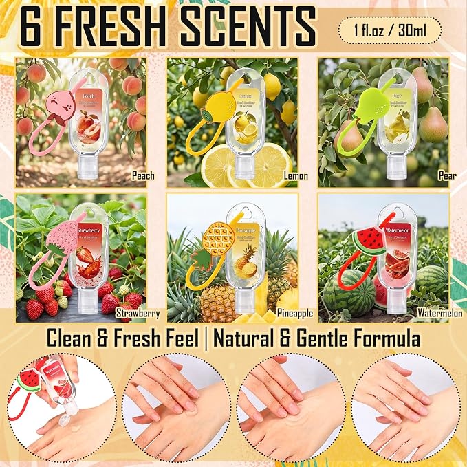 24 Pack Fruit Scentend Hand Sanitizers with Cute Keychains Bulk Travel Size Mini Hand Sanitizer Gel 1oz Employee Appreciation Gifts Teacher Nurse Coworker Team Gifts Back to School Party Favor