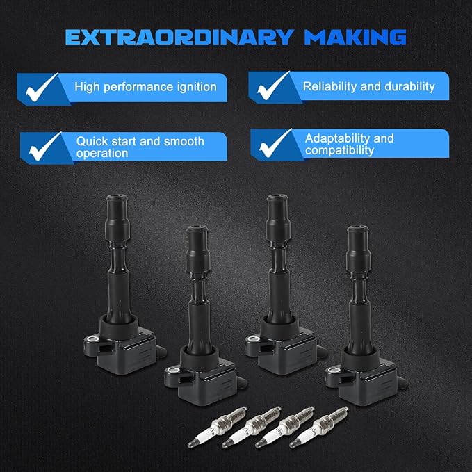 4PCS UF816 Ignition Coils + 4PCS 97080 Iridium Spark Plugs Ignition Coils Pack Fits for 2017-2020 Elantra, 2017-2021 Forte, 2016-2019 Sonata 2.0L, Coil Pack Set Aftermarket Parts