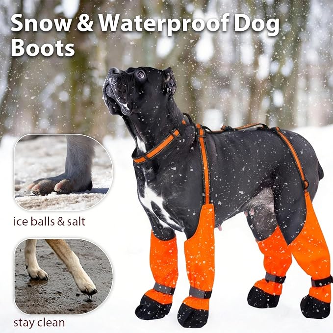 Dog Suspenders Boots, Winter Snow Shoes for Medium Dogs, Waterproof Dog Boots for Rain Mud, Anti-Slip Stay-On for Active Dogs, Adjustable Reflective Paw Protector for Walking Hiking, M Orange